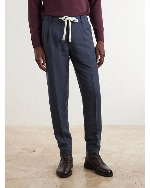 Eleventy Blue Straight-Leg Lyocell And Linen-Blend Trousers for men
