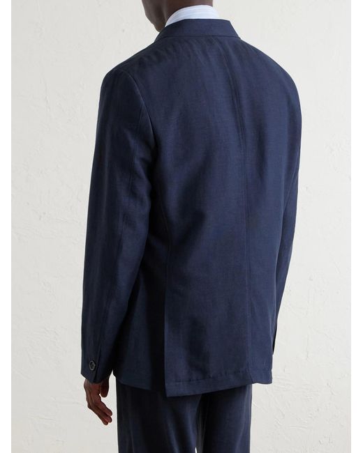 Oliver Spencer Blue Double-Breasted Linen, Virgin Wool And Cotton-Blend Suit Jacket for men