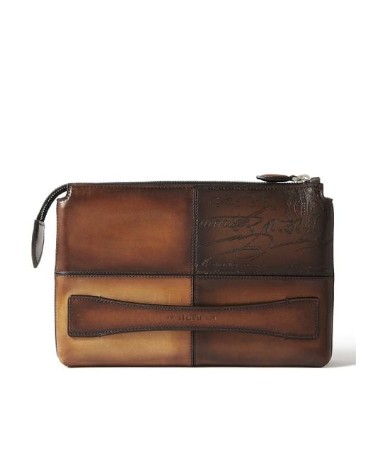 Berluti Brown Tersio Scritto Panelled Venezia Leather Pouch for men
