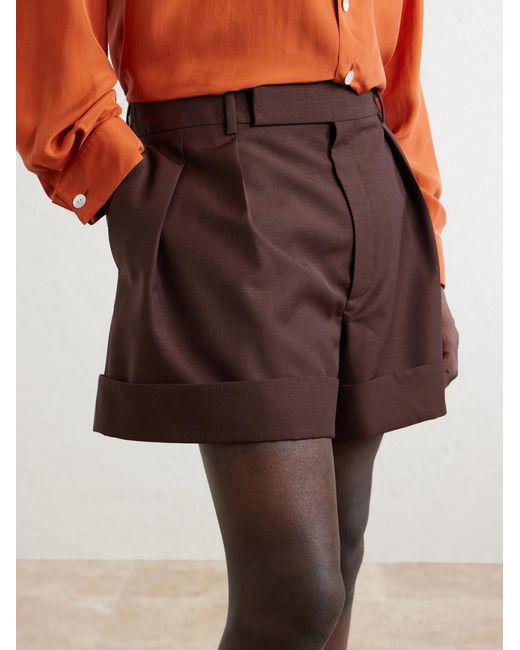 Saint Laurent Brown Straight-leg Pleated Wool And Mohair-blend Shorts for men