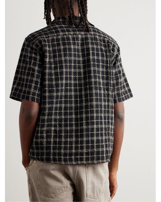 Corridor NYC Black Camp-Collar Checked Cotton And Linen-Blend Gauze Shirt for men