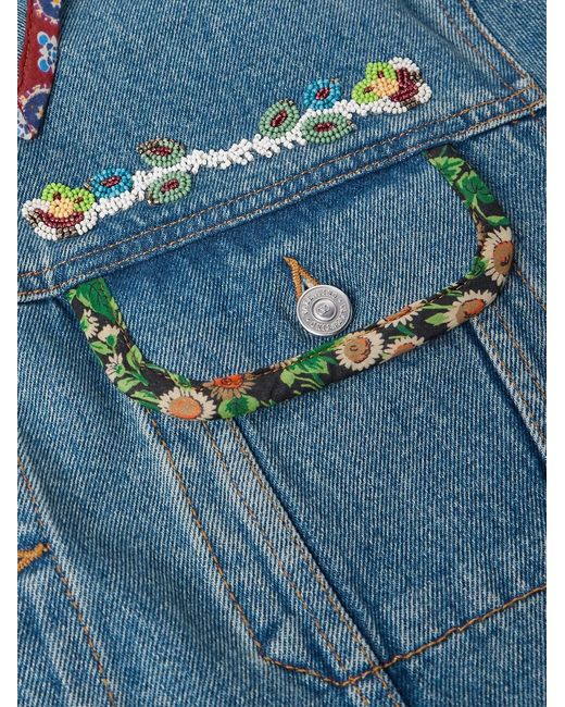 Valentino Garavani Blue Bead-Embellished Floral-Trimmed Denim Jacket for men