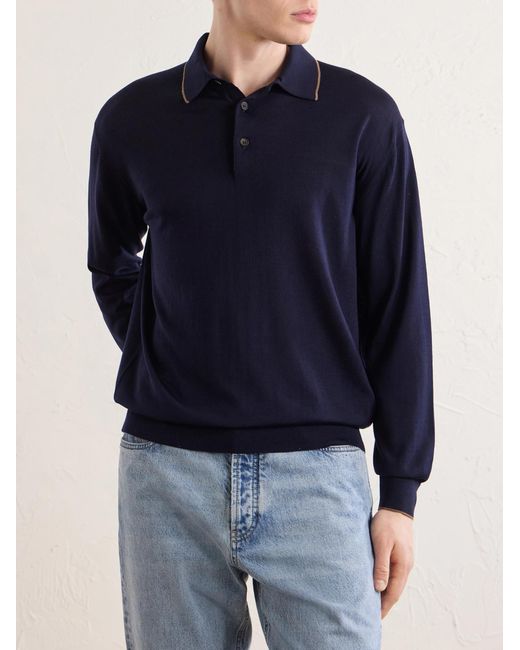 Kiton Blue Merino Wool Polo Shirt for men