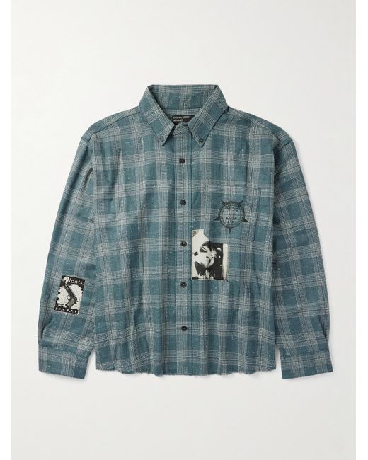 Enfants Riches Deprimes Blue Button-Down Collar Frayed Appliquéd Printed Wool And Silk-Blend Flannel Shirt for men