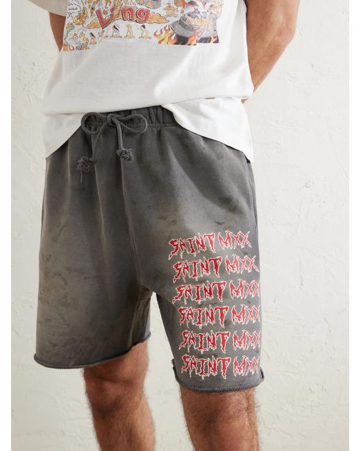 SAINT Mxxxxxx Gray Wide-Leg Logo-Print Distressed Cotton-Jersey Drawstring Shorts for men
