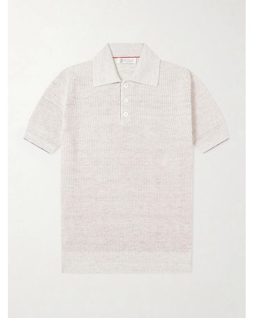 Brunello Cucinelli White Ribbed Linen And Cotton-blend Polo Shirt for men