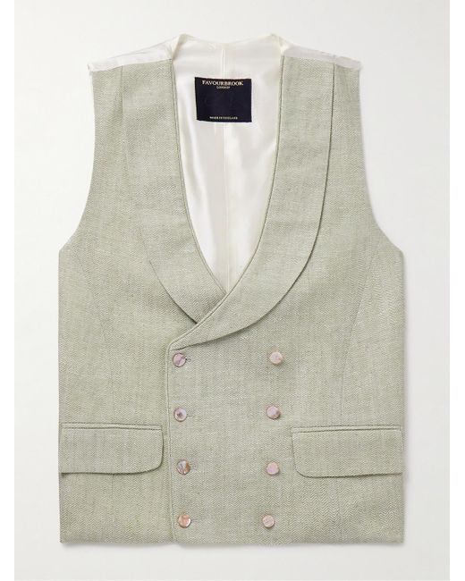 Favourbrook Green Shawl-collar Double-breasted Herringbone Linen And Silk-blend And Satin Waistcoat for men