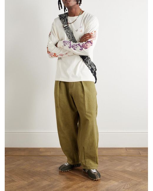 STORY mfg. Green Lush Wide-Leg Pleated Organic Cotton-Canvas Trousers for men