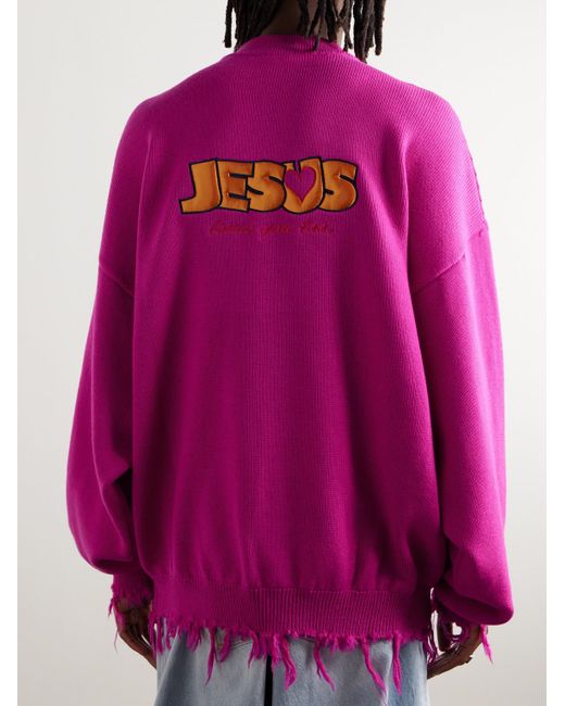 Pullover in lana merino effetto consumato Jesus Loves You di Vetements in Pink da Uomo