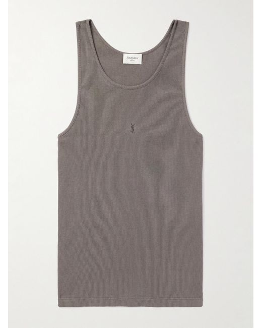 Saint Laurent Gray Logo-Embroidered Ribbed Cotton Tank Top for men