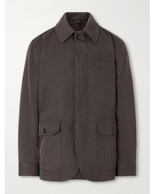 Brioni Gray Leather-Trimmed Wool-Twill Jacket for men