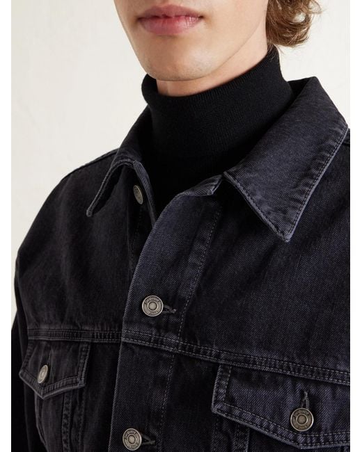 Saint Laurent Blue Leather-trimmed Denim Trucker Jacket for men