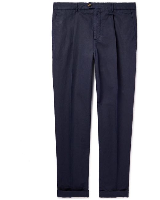 Brunello Cucinelli Blue Straight-leg Pleated Linen And Cotton-blend Trousers for men