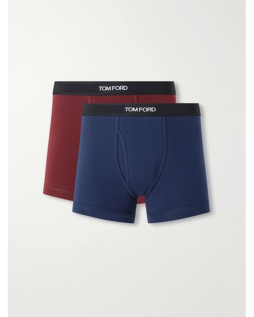 Tom Ford Blue Two Pack Logo-Jacquard Waistband Cotton-Stretch Jersey Boxer Briefs for men
