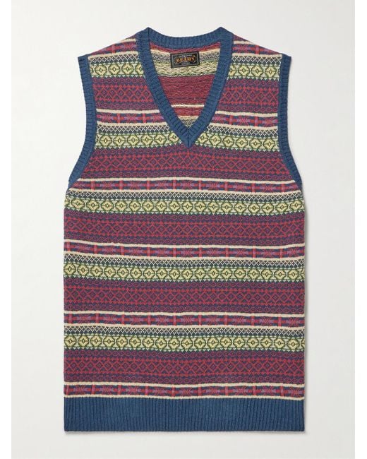 Beams Plus Gray Fair Isle Linen And Cotton-Blend Sweater Vest for men