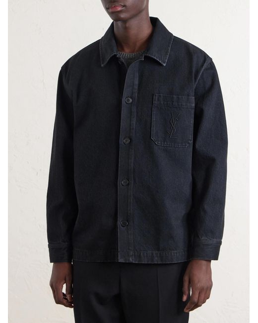 Saint Laurent Blue Logo-embroidered Cotton Overshirt for men