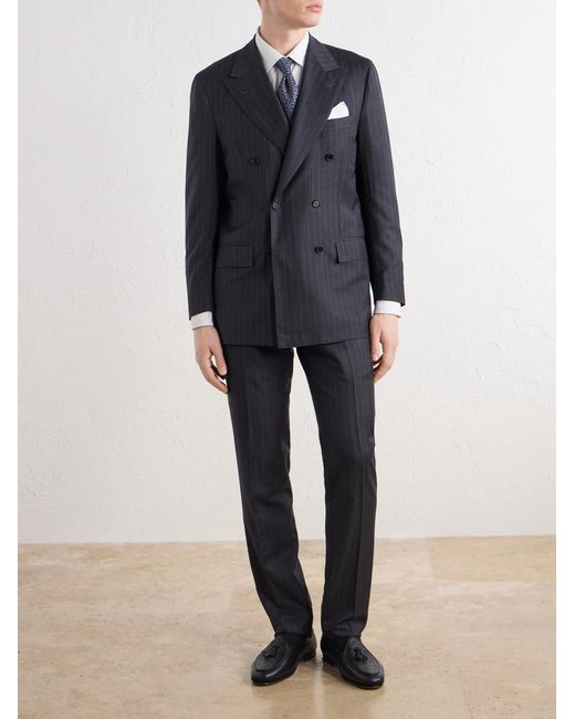 Kiton Blue Double-Breasted Pinstriped Wool Suit Jacket for men