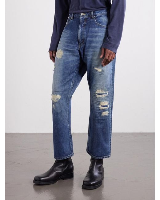 Beams Plus Blue Straight-Leg Distressed Jeans for men