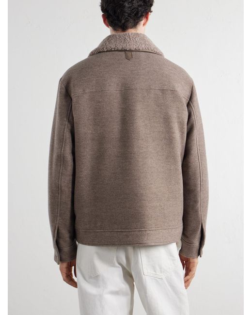Canali Brown Shearling-Trimmed Wool And Cashmere-Blend Bomber Jacket for men