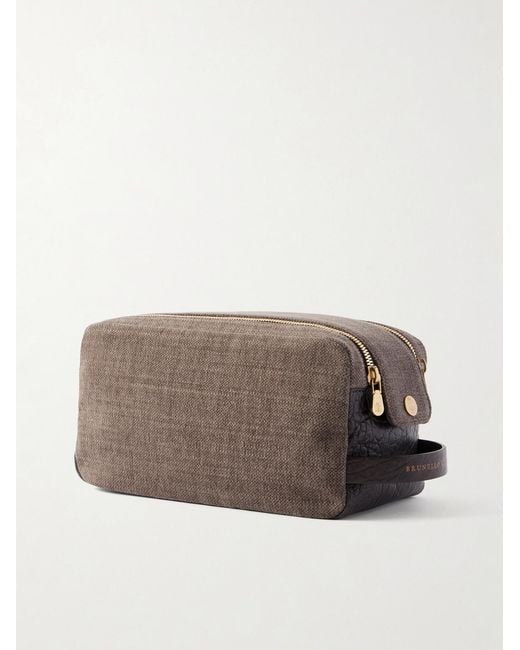 Brunello Cucinelli Brown Leather-Trimmed Woven Wash Bag for men