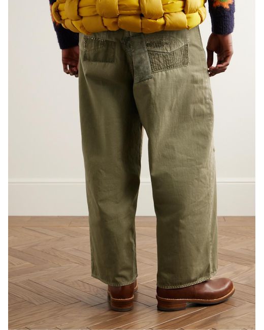 Kapital Green Katsuragi Port Wide-leg Patchwork Distressed Cotton-twill Trousers for men