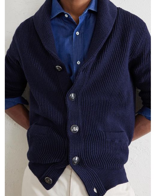Brunello Cucinelli Blue Shawl-Collar Ribbed Cotton Cardigan for men