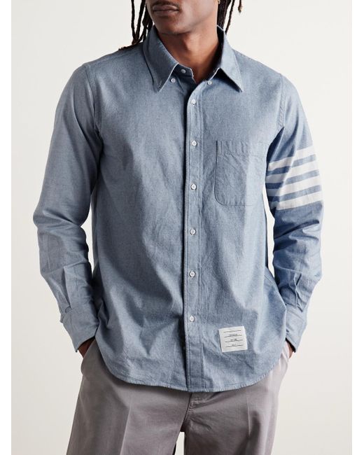 Thom Browne Blue Button-down Collar Striped Cotton-flannel Shirt for men
