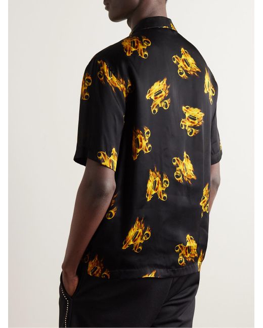 Palm Angels Black Burning Convertible-collar Logo-print Satin Shirt for men
