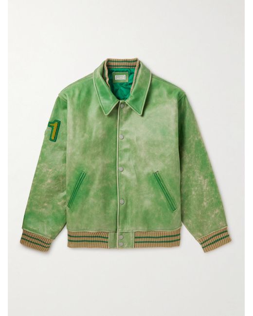 Guess USA Green Appliquéd Distressed Leather Varsity Jacket for men