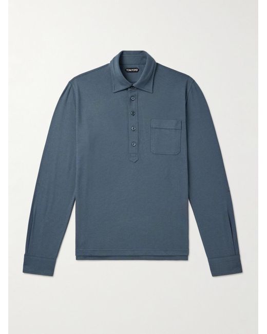 Tom Ford Blue Cotton And Silk-blend Piqué Polo Shirt for men