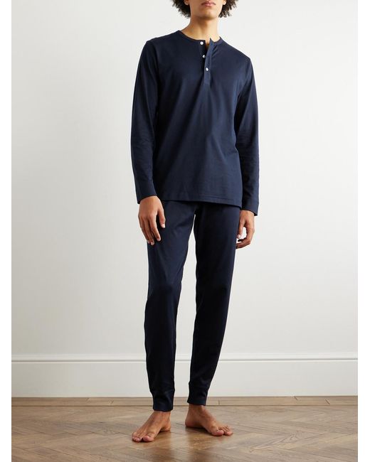 Handvaerk Blue Cotton-Jersey Henley Pyjama T-Shirt for men