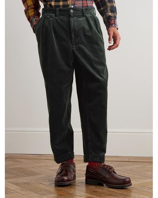Beams Plus Black Cropped Pleated Cotton-Corduroy Trousers for men