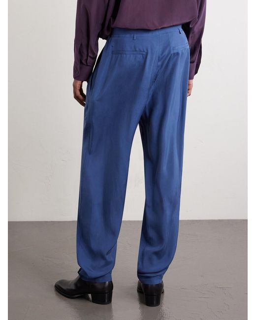 Saint Laurent Blue Tapered Belted Pleated Silk Trousers for men