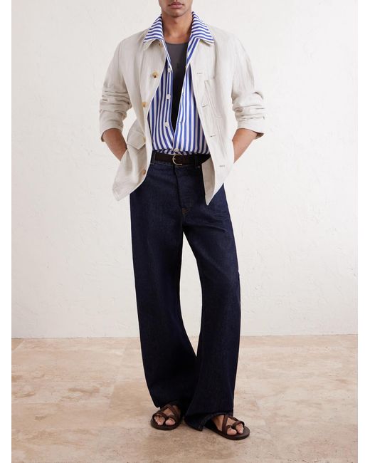 Calliope Camp-Collar Embroidered Striped Cotton-Poplin Shirt di Bode in Blue da Uomo