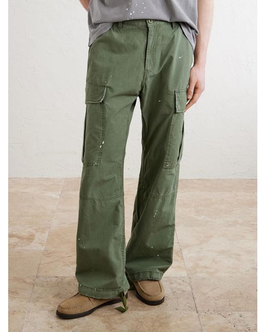 CHERRY LA Green Wide-Leg Paint-Splattered Cotton-Ripstop Cargo Trousers for men