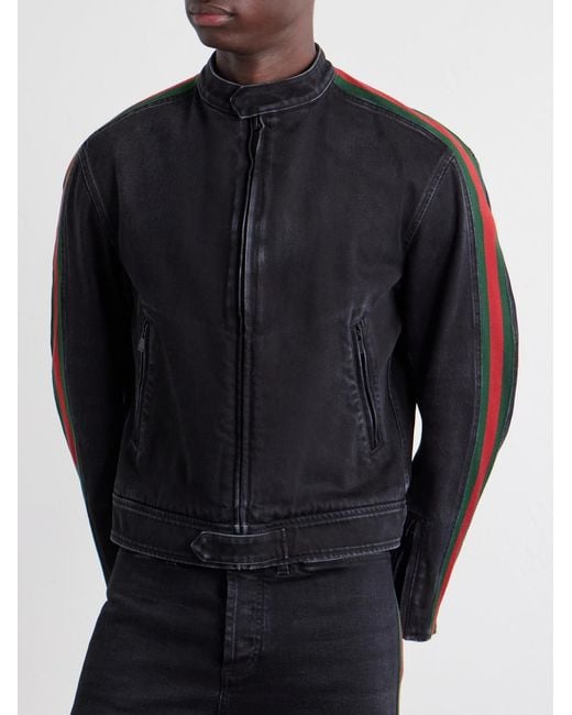Gucci Blue Webbing-trimmed Denim Biker Jacket for men