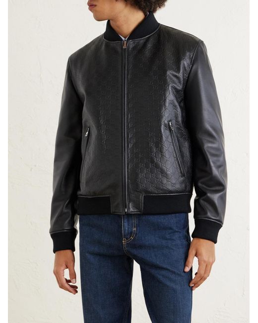 Gucci Black Logo-Debossed Padded Leather Bomber Jacket for men