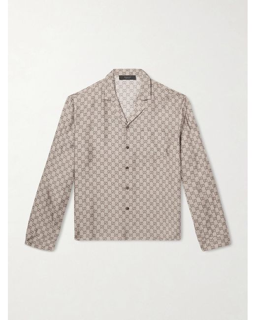 Gucci White Camp-Collar Logo-Jacquard Silk-Twill Shirt for men