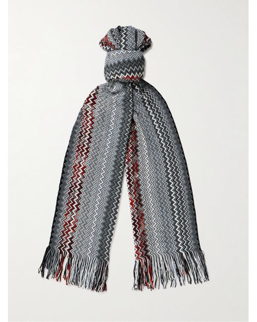 Missoni Blue Fringed Striped Crocheted Cotton Scarf for men