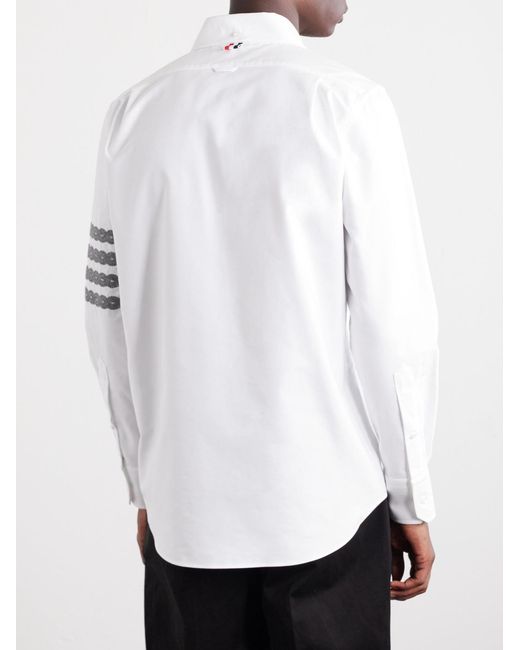 Thom Browne White Logo-Appliquéd 4-Bar Embroidered Cotton-Oxford Shirt for men