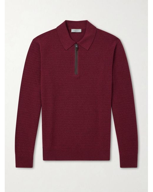 Canali Red Nubuck-Trimmed Wool And Cashmere-Blend Half-Zip Polo Sweater for men