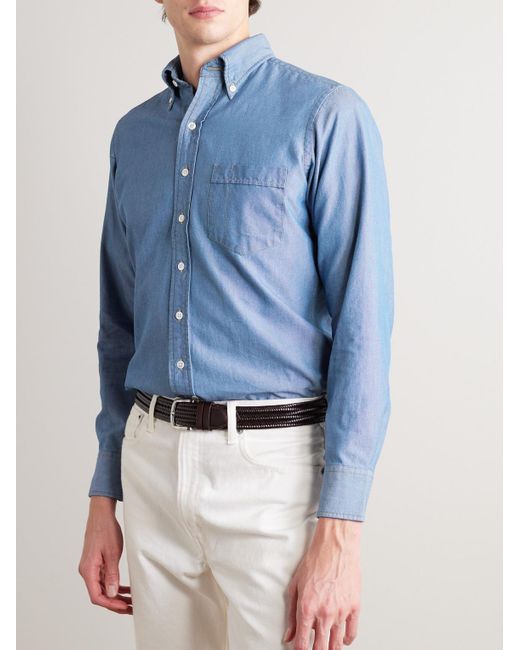 Camicia in chambray di cotone con collo button-down di Drake's in Blue da Uomo