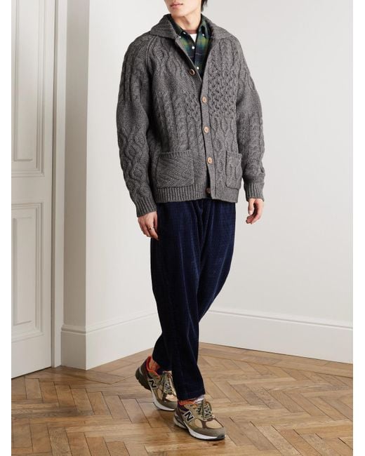 Beams Plus Gray Alan Patchwork Cable-knit Wool Cardigan for men