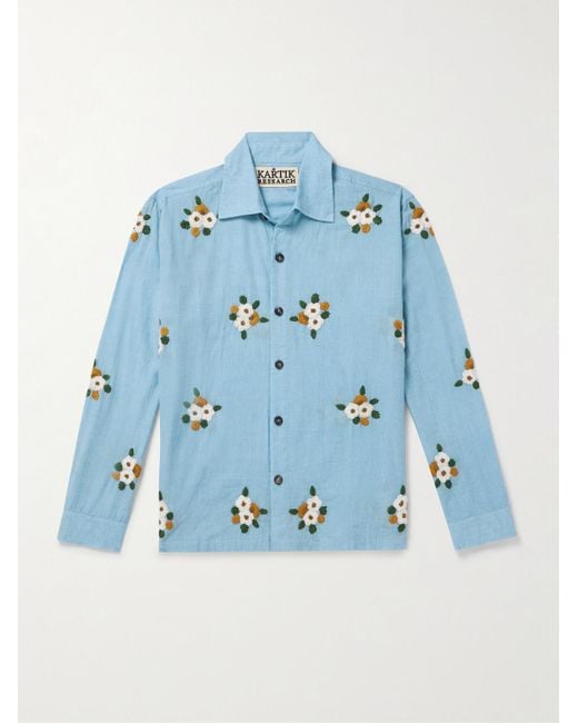 Kartik Research Blue Floral-Embroidered Embellished Cotton Shirt for men