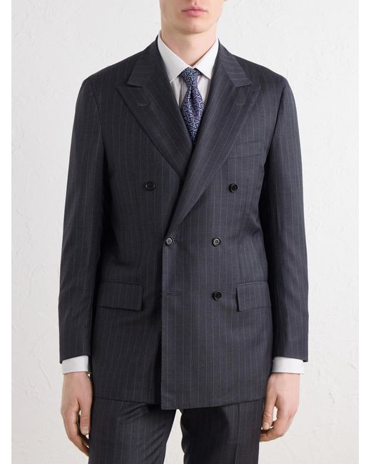 Kiton Blue Double-Breasted Pinstriped Wool Suit Jacket for men