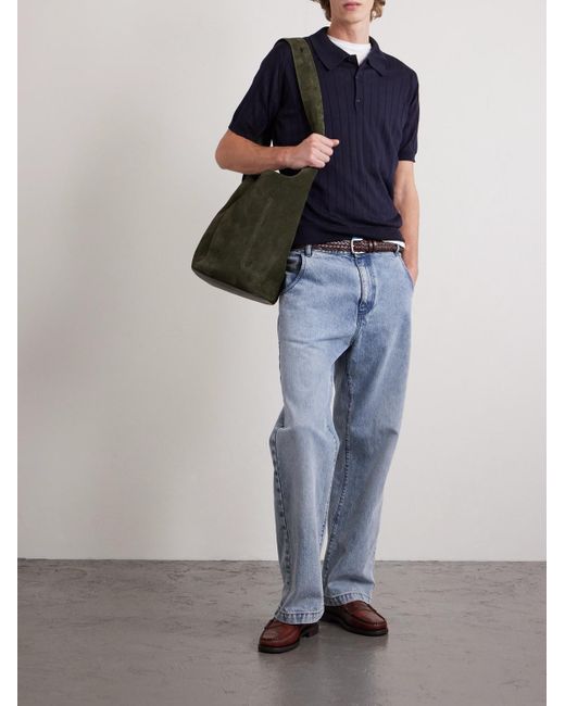 John Smedley Blue Ribbed Wool And Cotton-blend Polo Shirt for men