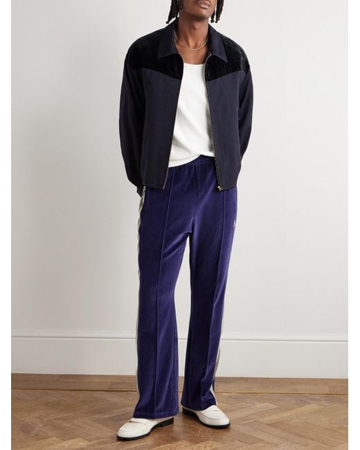 Needles Blue Flared Webbing-trimmed Logo-embroidered Cotton-blend Velour Track Pants for men
