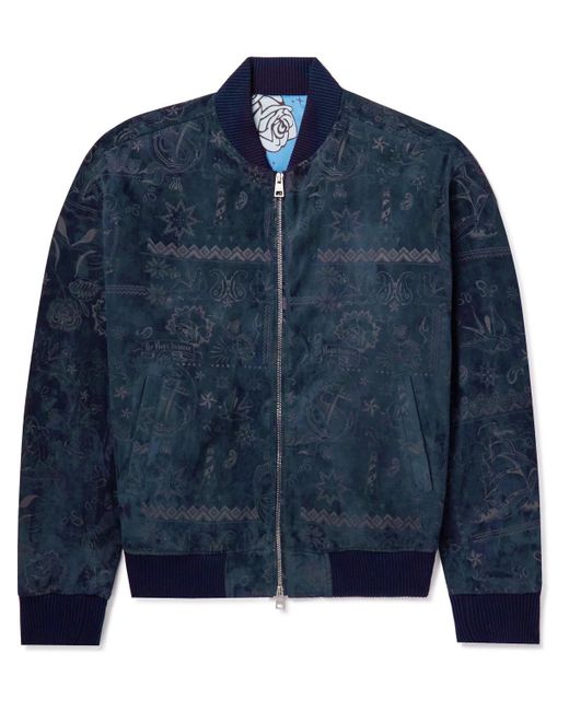 Etro Printed Suede Bomber Jacket in Blue for Men | Lyst