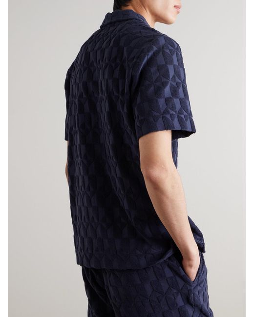Mr P. Blue Camp-Collar Organic Cotton-Terry Jacquard Shirt for men