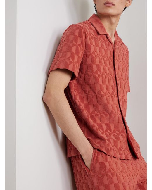 Mr P. Red Camp-Collar Organic Cotton-Terry Jacquard Shirt for men